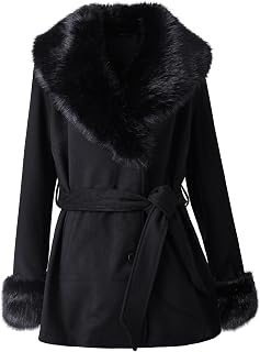 Women's Mid-Long Wool Blend Trench Coat Faux Fur Shawl Collar