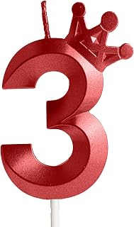 Red Birthday Candles Number 3, Happy 3th Birthday Cake Topper, 3D Crown Birthday Candle,Decorations Red Cake Topper Décor