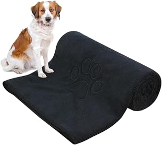 KinHwa Microfiber Dog Towel Super Absorbent Pet Bath Towel Large Size for All Dogs and Cats with Embroidered Paw Print 30inch x 50inch Black