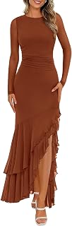 BTFBM Women Autumn 2025 Long Sleeve Ruched Bodycon Plain Ruffle Mermaid Cocktail Wedding Guest Dress