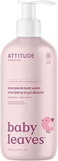 ATTITUDE Baby Shampoo, Body Wash & Soap 2-in-1, Unscented, 473 mL | EWG Verified, Gentle Bath Time Head to Toe, Soft Lather, 97% Naturally Derived, Dermatologist Tested