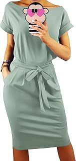 PRETTYGARDEN Women's Summer Short Sleeve Crewneck Striped Dress Basic Solid Tie Waist Office T Shirt Dresses Pockets
