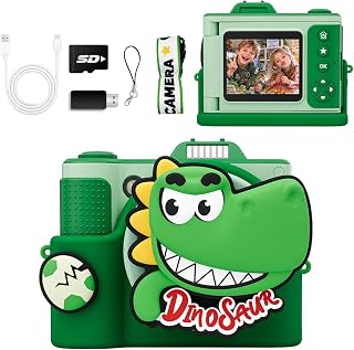 Kids Camera for Big Boys and Girls Flip Screen2.4+Telescopic Zoom 1080P Selfie Photo+Video Digital Camera for Age 5-12 with Cartoon Cover & SD Card Gift Best Chritmas Birthday Festival Gift(Green)