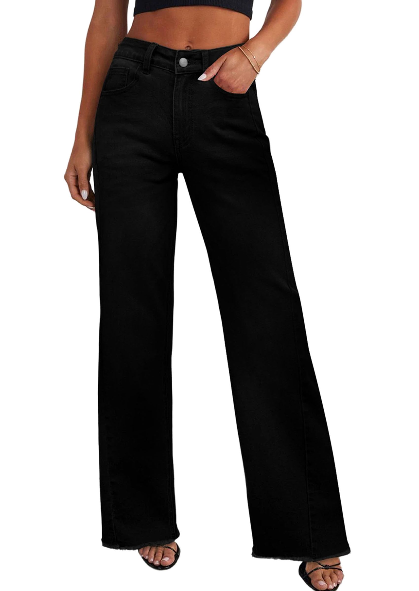 PRETTYGARDEN Womens Trendy 2025 Wide Leg Jeans High Waist Stretchy Baggy Raw Hem