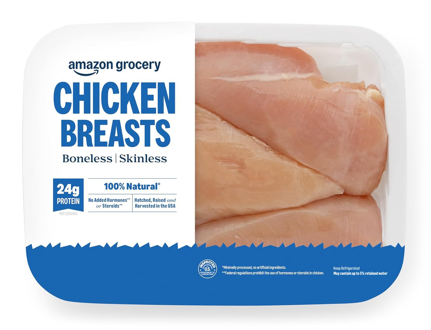 Amazon Grocery, Chicken Breast Fillets, Boneless Skinless, 100% Natural, Weight 
