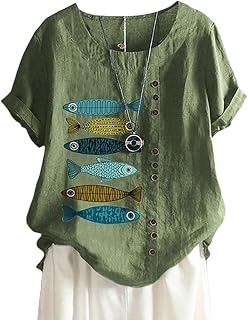 ORANDESIGNE Linen Shirt Short Sleeve Women Casual Vintage Tops Blouse T-Shirts Short Sleeve Crew Neck Tunic Tops Shirt Loose Plus Size T Shirt