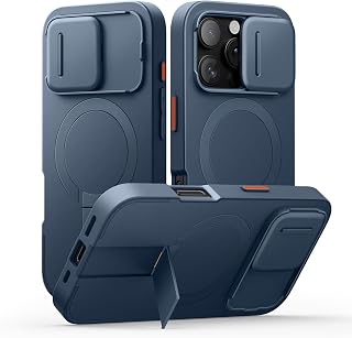 SURITCH Magnetic Case Compatible with iPhone 16 Pro, Shock Resistant Buffer Case Protective Cover with Sliding Lid for Camera and Adjustable Stand (Dark Blue)