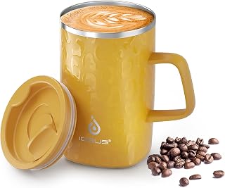 Ideus 16 oz Insulated Coffee Mug with Lid and Handle, Leopard Honey