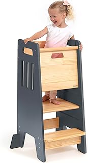OCODILE Toddler Tower with a Sliding Door and 3 Adjustable Heights - Complete Toddler Kitchen Stool Helper with Support Feet - Safe Design for 18+ Months to 6-Year-Old Kids - Grey