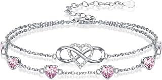 Infinity Heart Birthstone Charm Link Anklets/Bracelets for Women 925 Sterling Silver Adjustable Anniversary Birthday Gifts Mother's Day Jewelry Gift for Mom Women Wife Her Friends