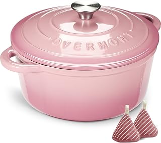 Overmont 26cm/5.2L Enamelled Cast Iron Round Casserole Pot, Pink