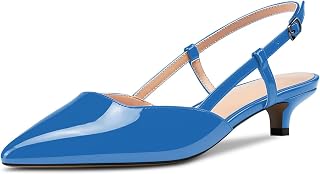 NobleOnly Women's Kitten Low Needle Heel Closed Toe Pointed Toe Pumps Ankle Strap Slingback Office Sandals Clear Dress Cute Shoes