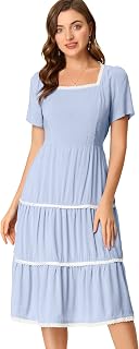 Women Short Sleeve Square Neck Long Dress Midi Dress