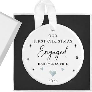 Personalised First Christmas Engaged Bauble Ornament with Gift Box - Custom 1st Xmas Enagement Keepsake for Fiance & Couples Fiancee 2025 - Round Shape