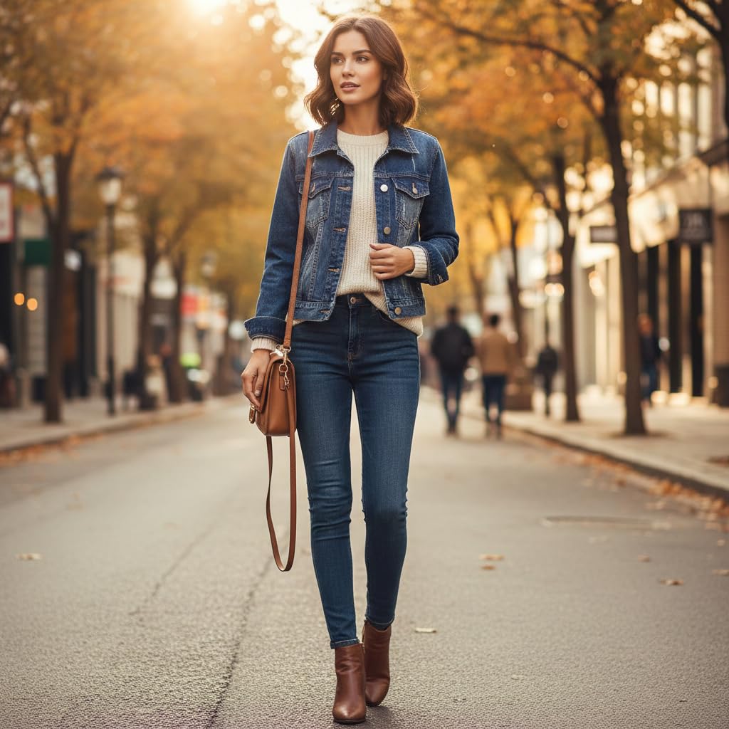 Women's Cropped Denim Jacket Classic Button Up Jean Jacket - Slim Fit Long Sleev