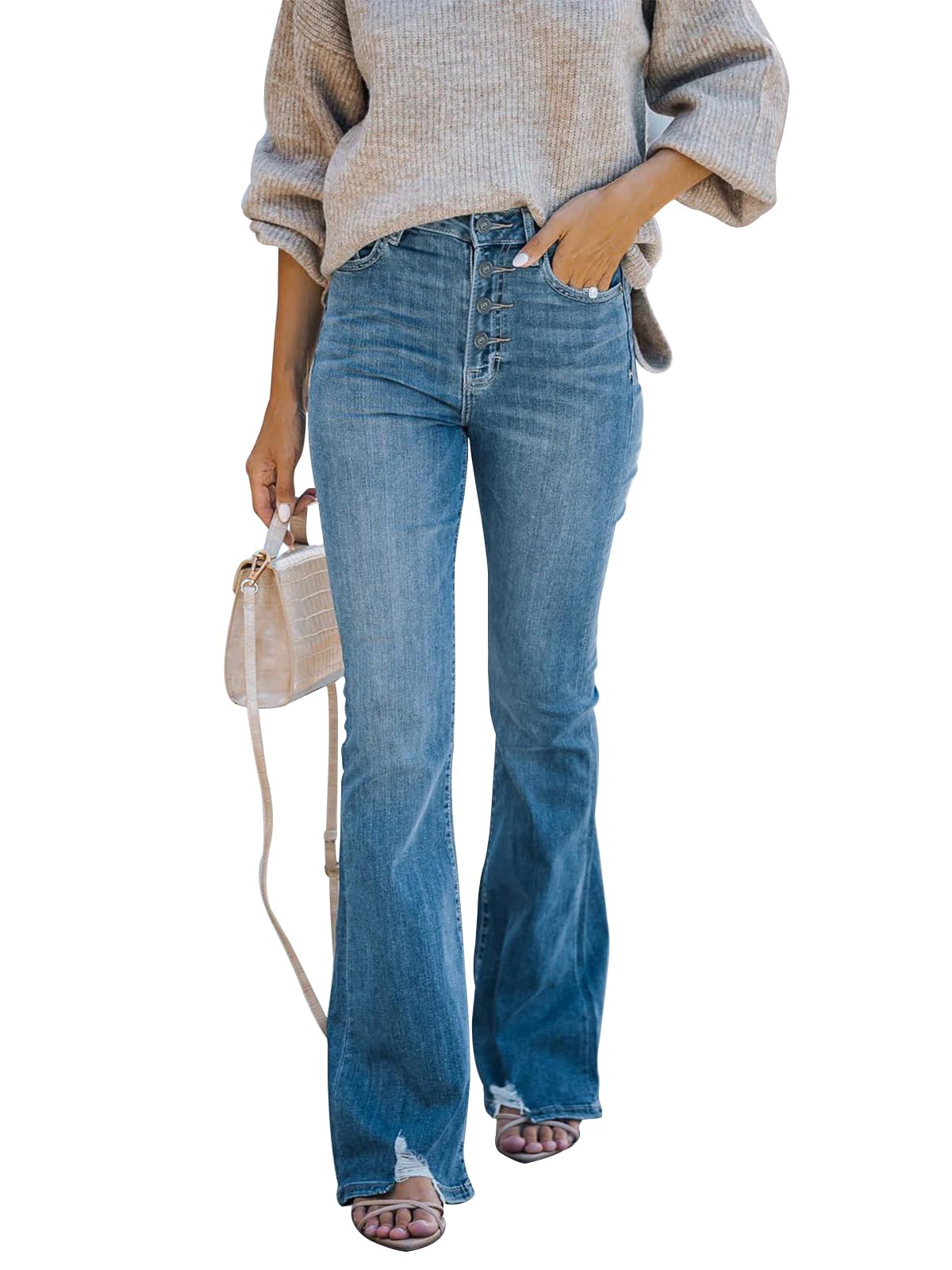 KUNMI Women Flared Jeans Bell Bottom High Waist Wide Leg Bootcut Stretch Jeans D