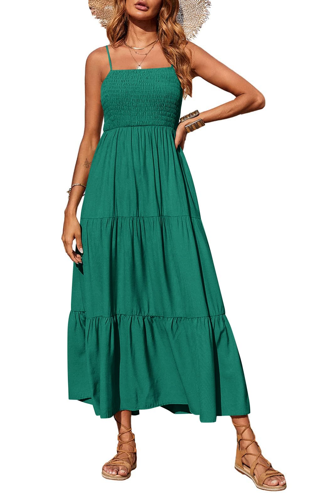PRETTYGARDEN Women Summer Dress Maxi Casual Boho Sleeveless Spaghetti Strap Smoc