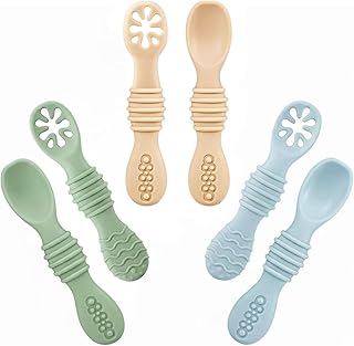 PandaEar Silicone Baby Spoons Self Feeding 6 Months| 6 Pack Baby Feeding Spoons| Toddler Infant Baby led Weaning Spoon| Ustensile Bebe| BPA Free (Blue Green Beige)