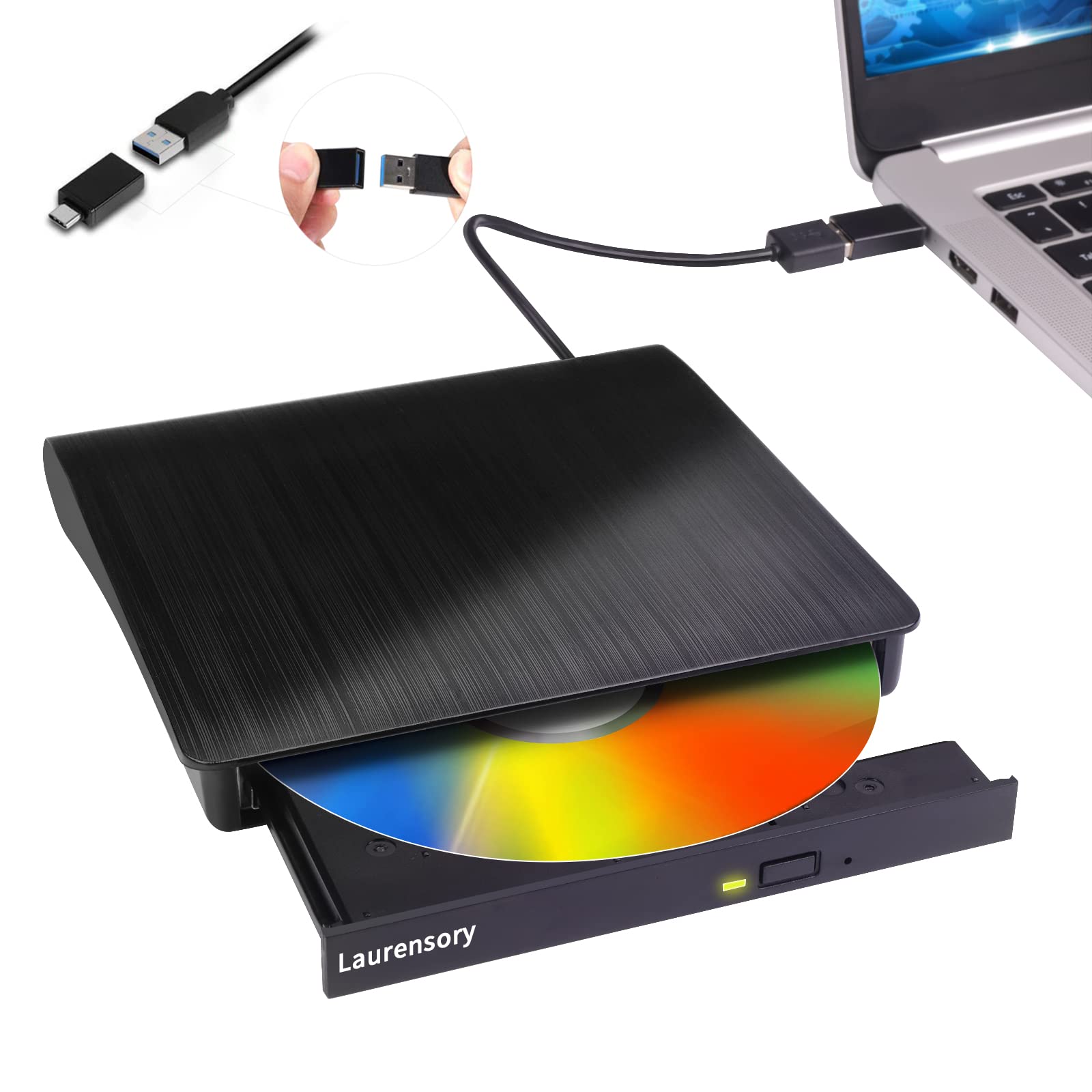 External CD/DVD Drive for Laptop, CD Burner, DVD Player, USB 3.0 C, Black | Port