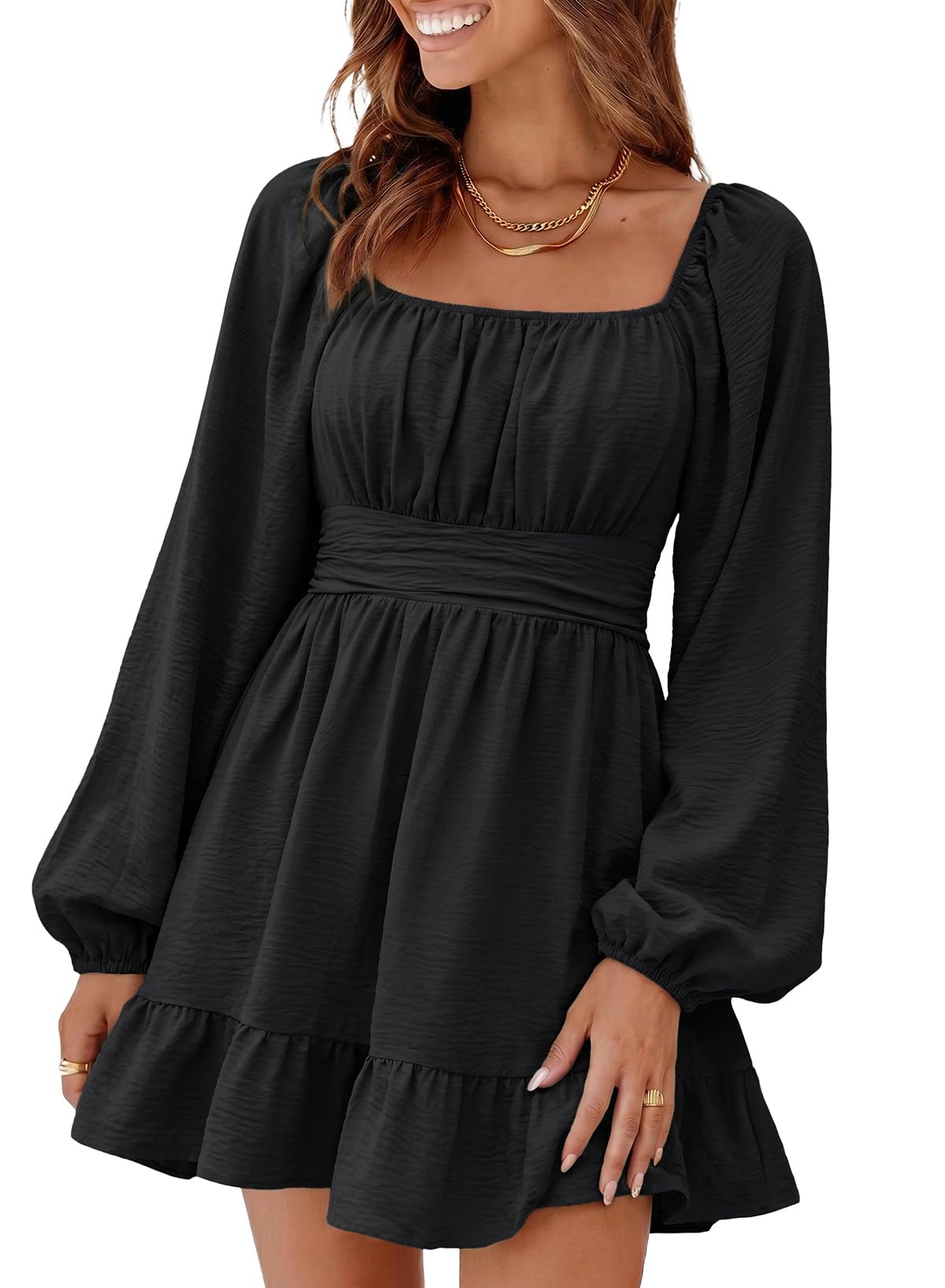 Dokotoo Womens Dress Lantern Long Sleeve Square Neck Tie Backless Sexy Dresses R