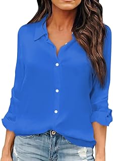 OMSJ Women Button Down Shirts Long Sleeve Chiffon Office V Neck Casual Business Blouses Tops