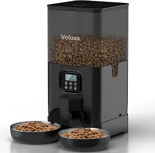 VOLUAS Automatic Cat Feeder for Two Cats with Dual Stainless Bowls, 6L | Programmable Portion Control, Timed Feeding, Memory Function, Dual Stainless Steel Bowls, 10-Second Voice Recorder