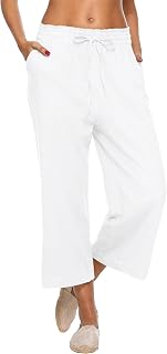 LNX Women's Linen Pants Wide Leg High Waisted Capri Pants with Pockets