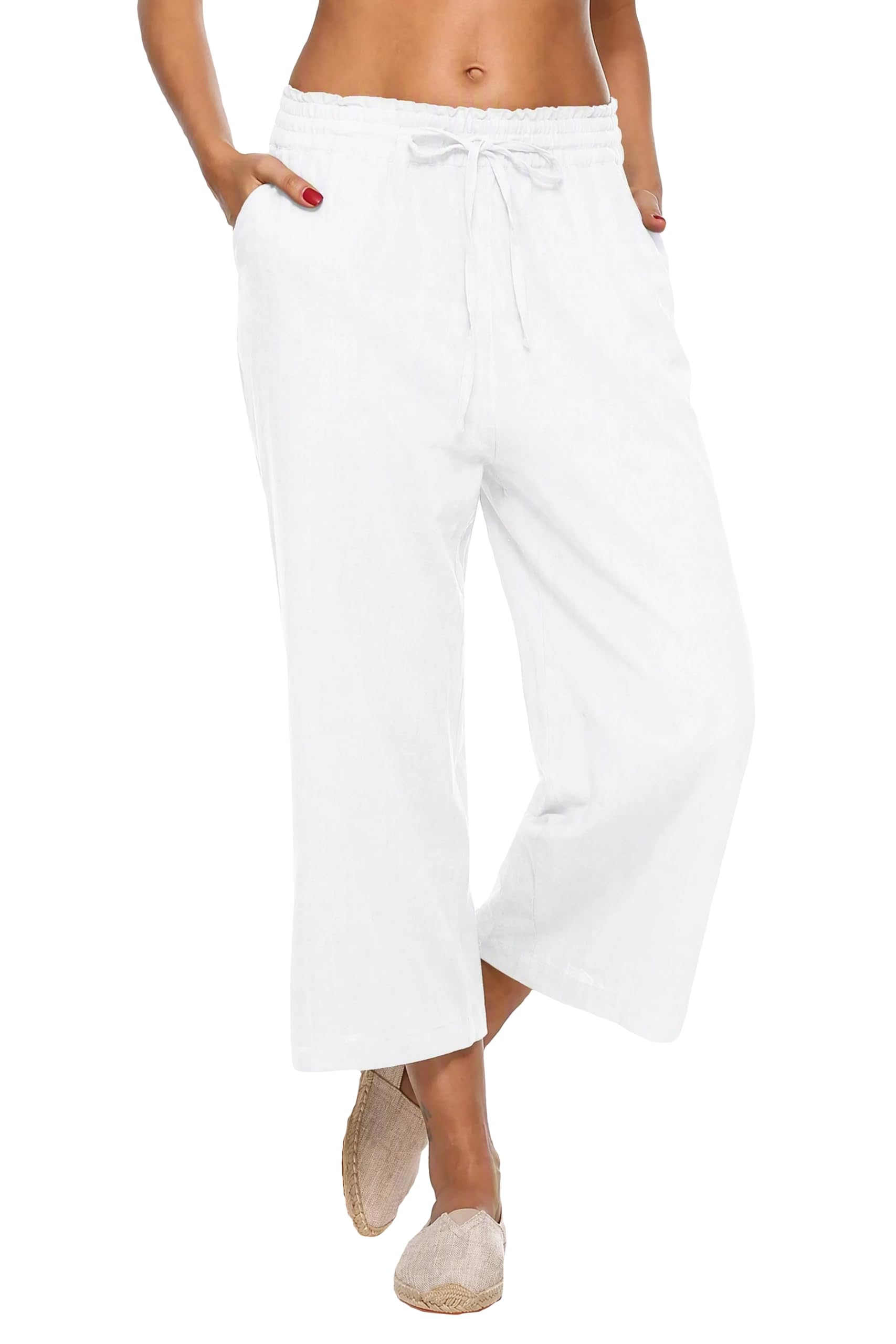 LNX Women's Linen Pants Wide Leg High Waisted Capri Pants with Pockets