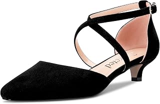 Saekcted Women's Girls' Low Kitten Heel Closed Square Toe Cap Cross Strap Pumps Classic Cute Dress 3.5 cm Heels