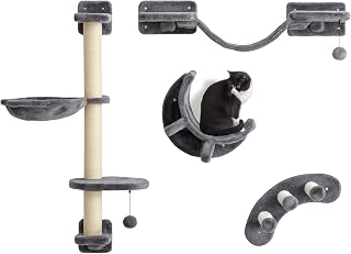 PawHut 4 Piece Cat Shelves, Cat Wall Furniture with Hammock, Dark Grey
