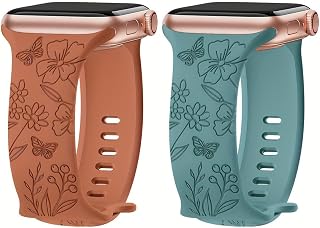 2 Pack Floral Engraved Watch Bands Compatible with Apple Watch Bands 40mm 41mm 38mm 42mm 44mm 45mm 49mm Women Soft Silicone Wild Flower Strap