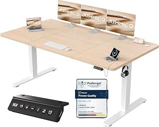 JUMMICO Electric Height Adjustable Desk, 180 x 80 cm, Panel 6 Keys with 4 Height Memories and USB Port, Beige Computer Desk, Sedentary Pause Warning