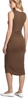ODODOS Women's Side Shirred Midi Tank Dress Cloud Feeling Crewneck Sleeveless Bodycon Dress