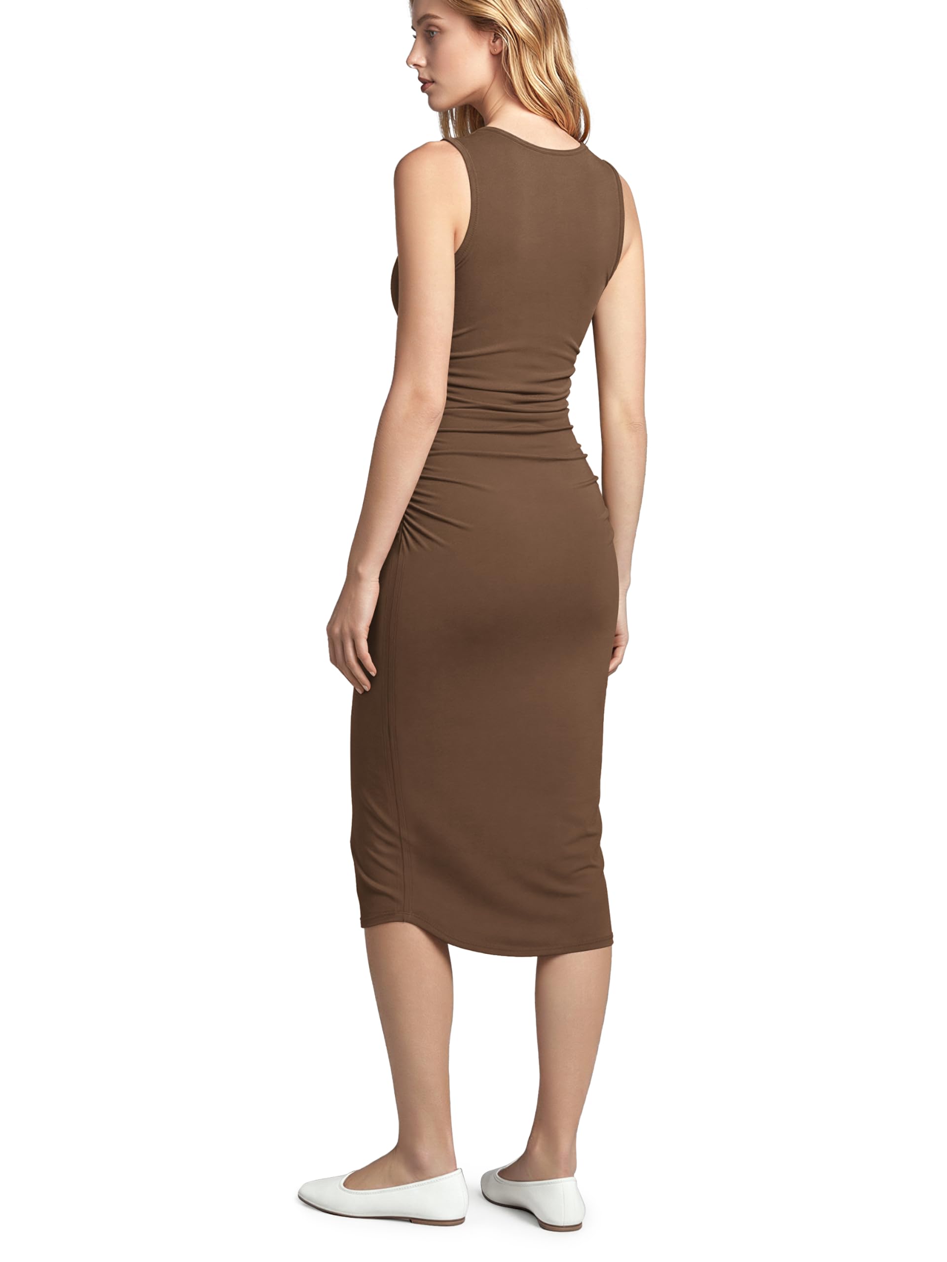 ODODOS Women's Side Shirred Midi Tank Dress Cloud Feeling Crewneck Sleeveless Bo