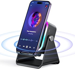 Induction Speaker with Phone Stand 5 in 1 Wireless Bluetooth Audio Black | Phone Speaker Amplifier for iPhone & Android with RGB Light and USB Wired Charging, Birthday Gift for Men Women Teens