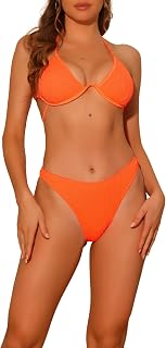 Women Halter Underwire Ribbed Bikini Set, 2 Piece Double Strap Tie Back Triangle Bottom Swimsuit Swimwear