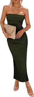 PRETTYGARDEN Women Summer Bodycon Maxi Tube Ribbed Strapless Side Split Long Casual Elegant Party Dress