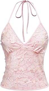 SOLY HUX Women's Y2k Sequin Halter Crop Top Cute 3D Butterfly Glitter Coquette Party Club Tops