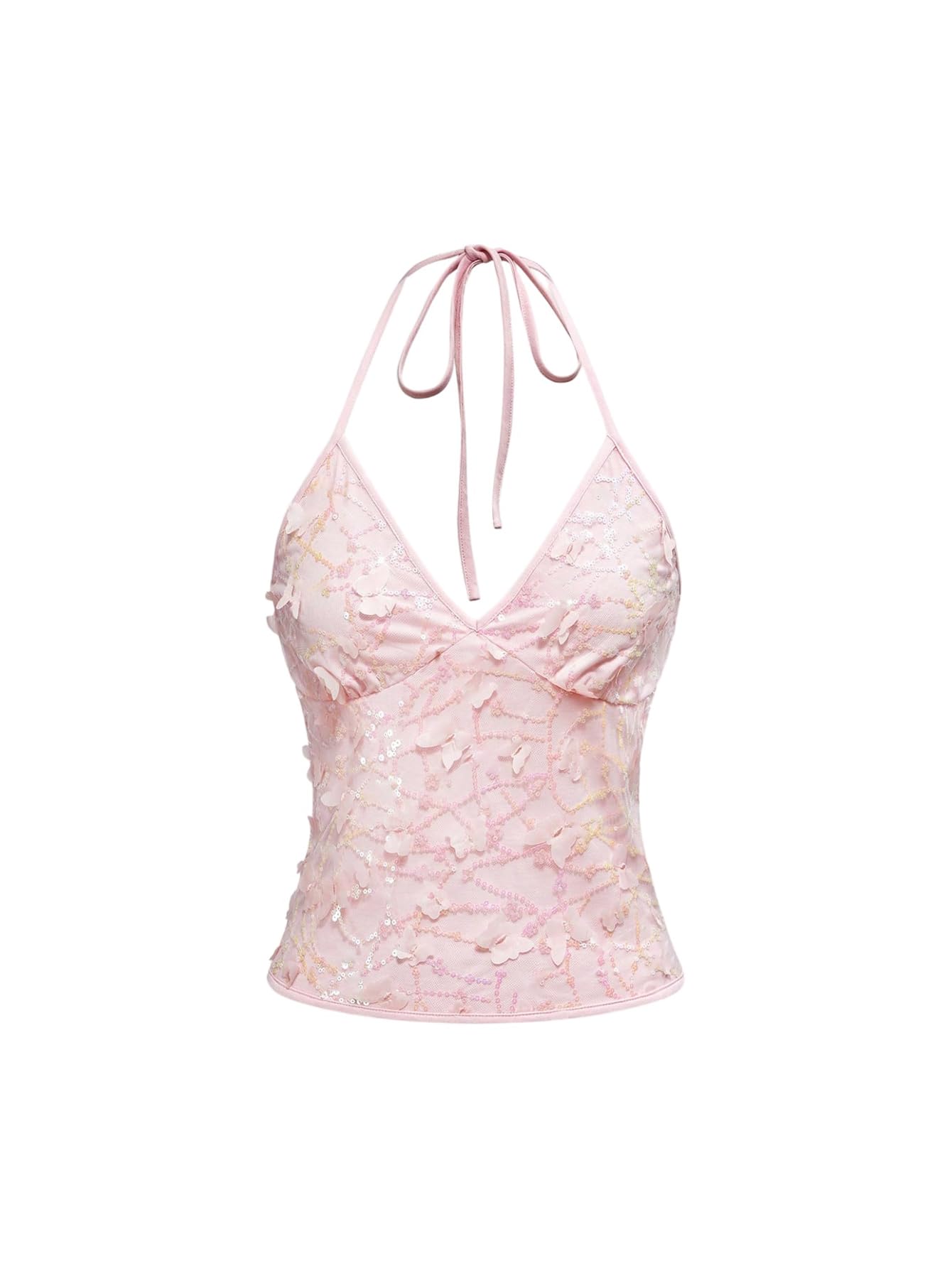 SOLY HUX Women's Y2k Sequin Halter Crop Top Cute 3D Butterfly Glitter Coquette P