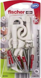Fischer EasyHook Round 6, Set of 6 Round Hooks and 6 DuoPower Dowels 6 x 30 mm, Quick and Easy Assembly Without Pliers on Wall, Drywall, Perforated Brick, Concrete, Wood, Ceiling, 557923