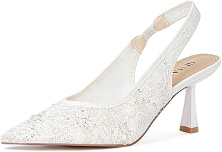 Slingback Wedding Heels for Women Bridal Lace Mesh Kitten Heel Closed Pointed Toe Pearl Pumps Shoes