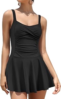 SHEKINI Women's 1 Piece Swimsuit with Skirt Vintage Ruched Abdominal Control Padded Swimwear One Piece Beach Dress Swimsuit