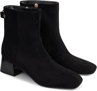 Womens Ankle Boots Square Toe Low Chunky Block Heel Booties with Side Zipper Comfortable Dress Short Boots Shoes