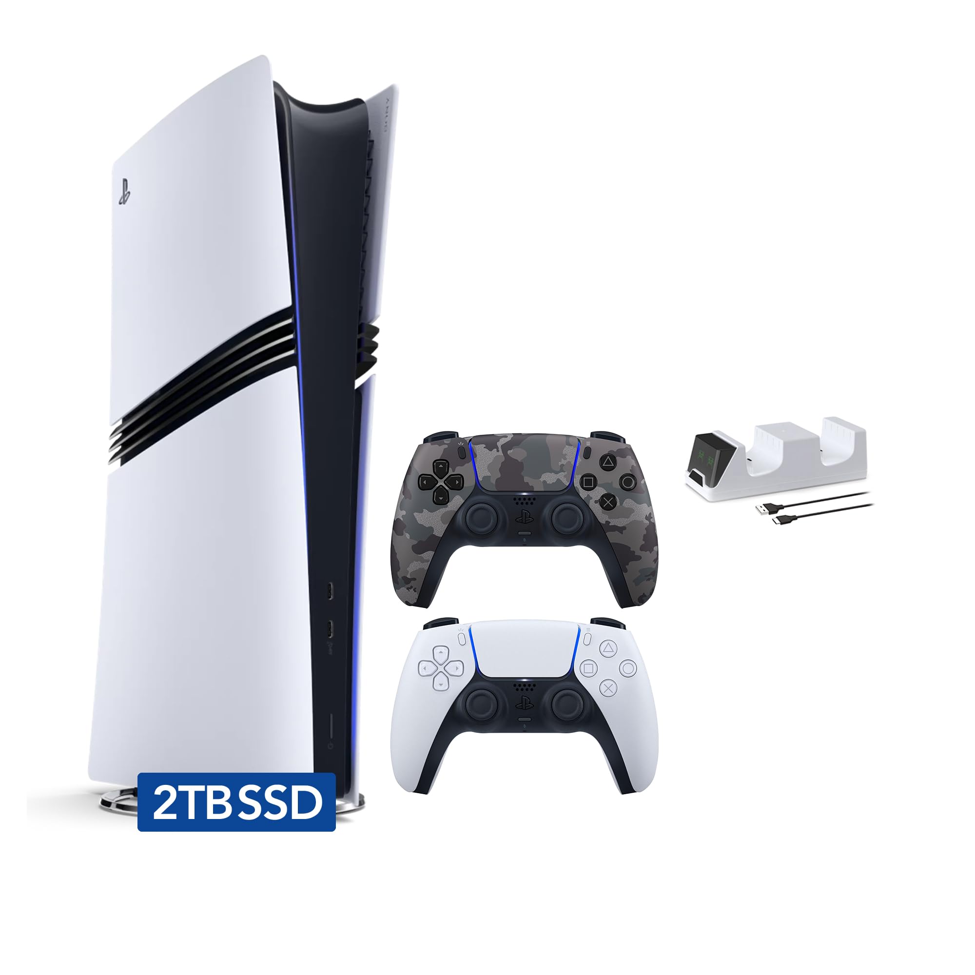 Sony PlayStation 5 Pro 2TB SSD Digital Console with Two Controllers, White and G