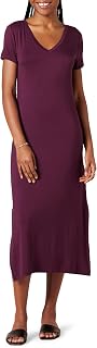 Amazon Essentials Women's Regular Fit V-Neck Short Sleeve Midi Length T-Shirt Dress, Soft Viscose Stretch Jersey, Side Slits