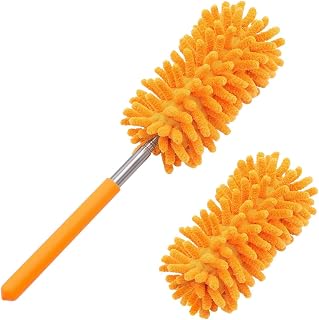 Duster for Cleaning, 10-29" Extension Pole, 2 Washable Heads, Yellow | Microfiber Heads, Wet Or Dry, Detachable, Hand Washable, Easy Storage, For Cars, Offices, Windows, Furniture And Ceiling Fans