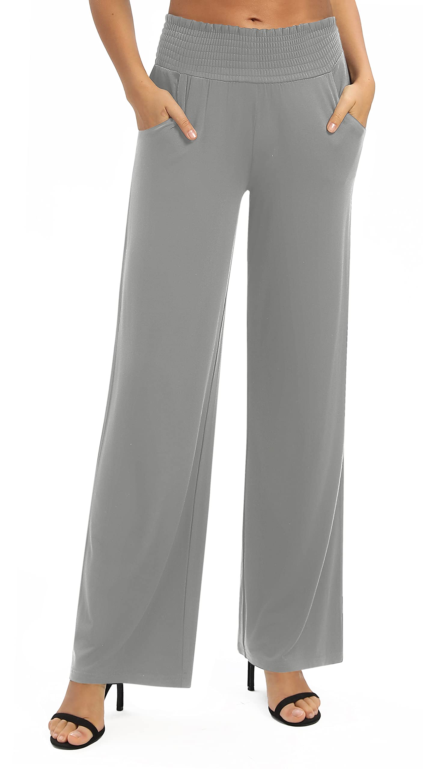 EXCHIC Women's Plain, Loose, Straight Cut Palazzo Trousers, High Waist, Stretchy