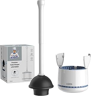 MR.SIGA Toilet Plunger with Holder, Plungers for Bathroom Heavy Duty, White | Automatic lid design, sturdy long handle, heavy duty toilet plunger and holder set, toilet clog remover