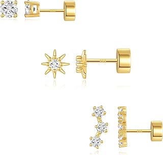 Angelady 3 Pairs Sterling Silver Hypoallergenic Flat Back Cartilage Helix Earrings
