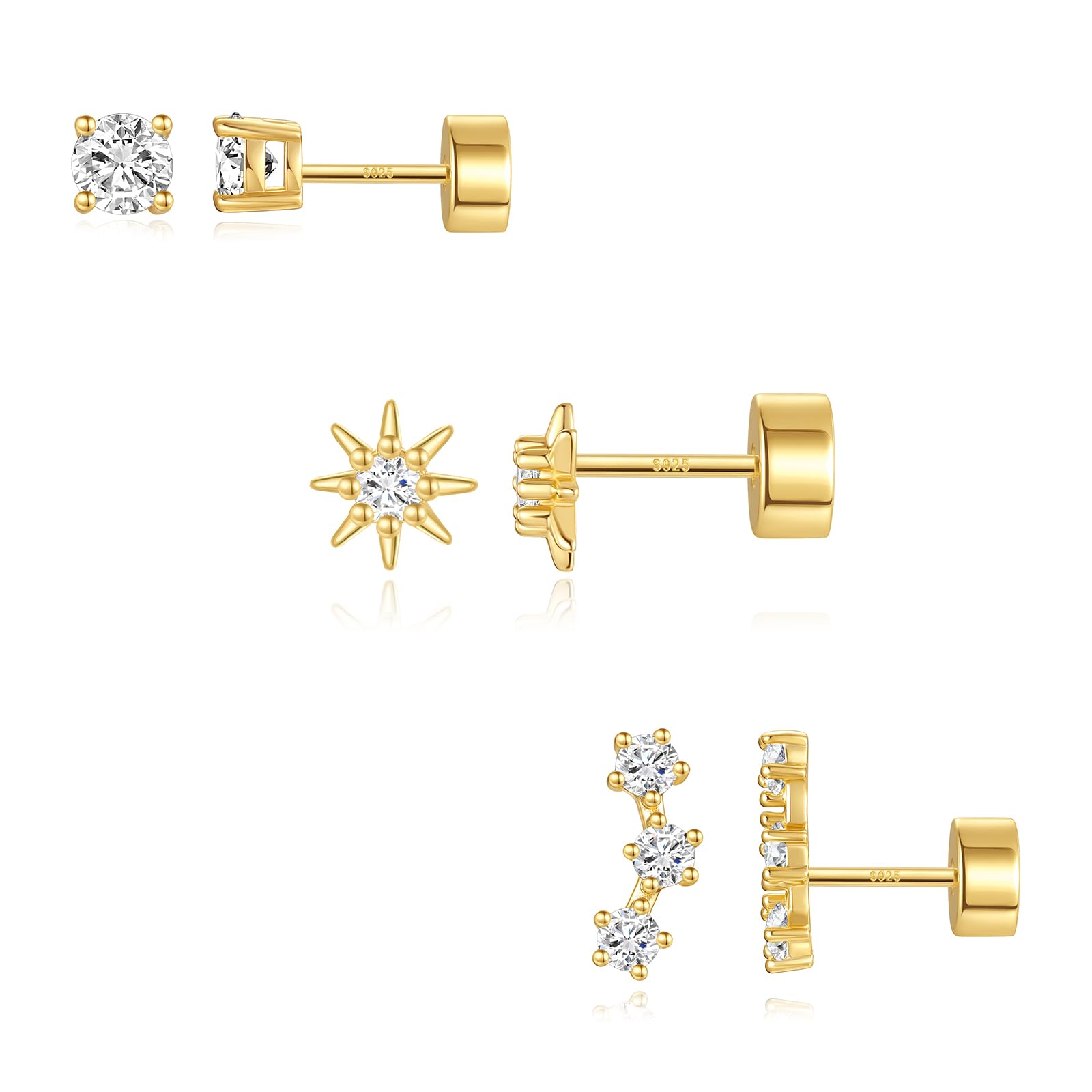 Angelady 3 Pairs Sterling Silver Hypoallergenic Flat Back Cartilage Helix Earrin